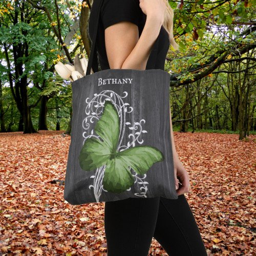 Green Rustic Butterfly Personalized Tote Bag