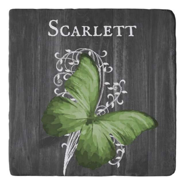 Green Rustic Butterfly Personalized Trivet (Front)
