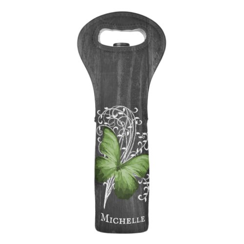 Green Rustic Butterfly Personalized Wine Bag