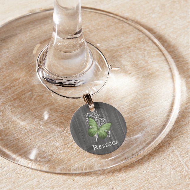 Green Rustic Butterfly Personalized Wine Charm (In Situ)