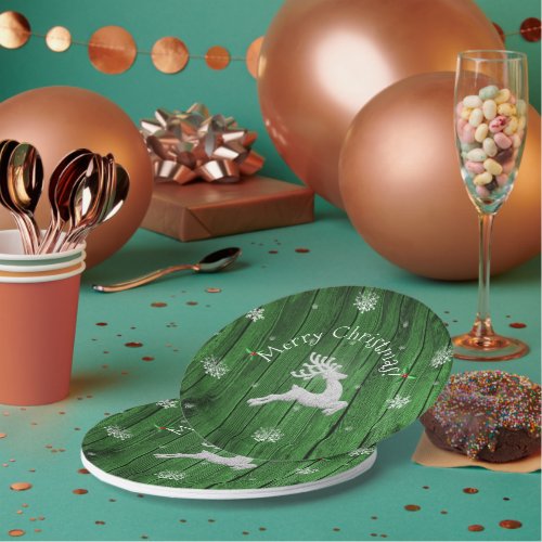 Green Rustic Christmas Reindeer Paper Plate