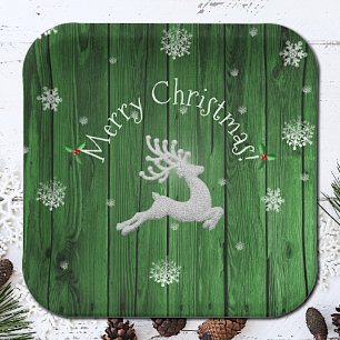 Green Rustic Christmas Reindeer Paper Plate