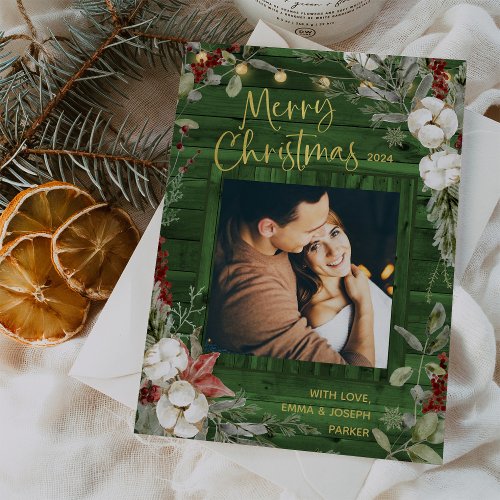 Green Rustic Christmas  Winter Floral and Photo Holiday Card