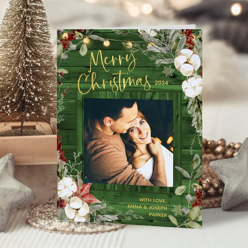 Green Rustic Christmas  Winter Floral and Photo Holiday Card