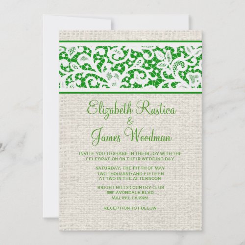 Green Rustic Country Burlap Wedding Invitations