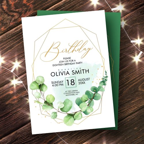 Green rustic elegant greenery adult 18th birthday invitation