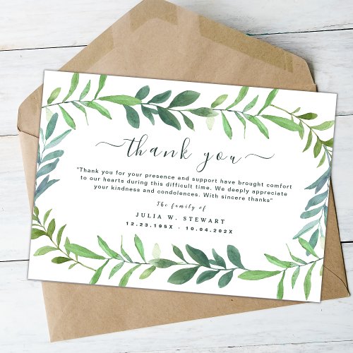 Green Rustic Eucalyptus Funeral Thank You Note Card