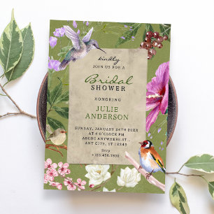 Green rustic floral bird art bridal shower invitation