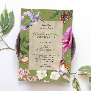 Green rustic floral bird art graduation invitation