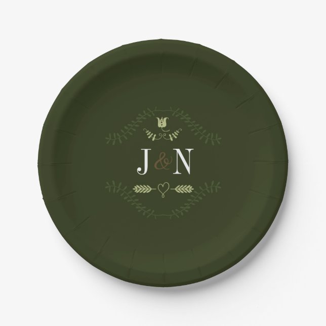 Green Rustic Forest Wedding Reception Monogram Paper Plates (Front)