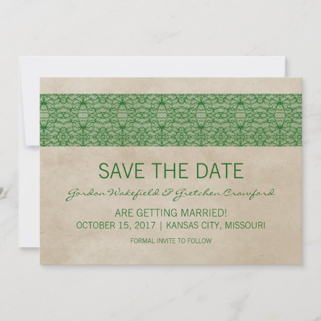 Green Rustic Lace Save the Date Invite (Front)