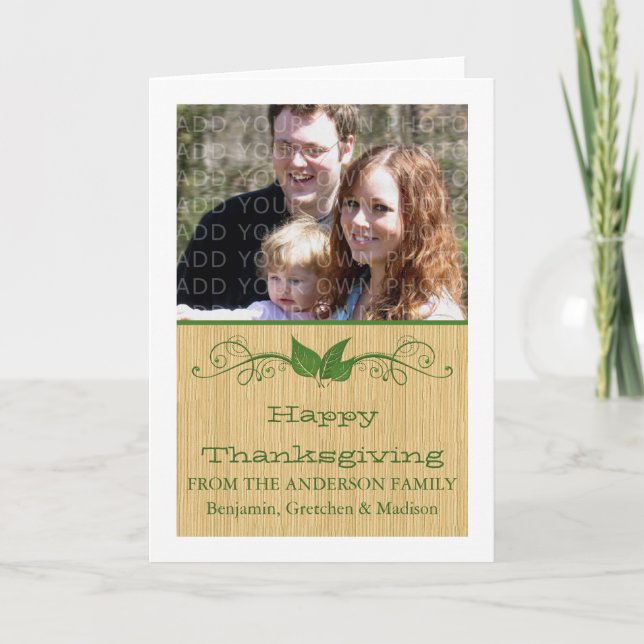 Green Rustic Leaves Thanksgiving Photo Card (Front)