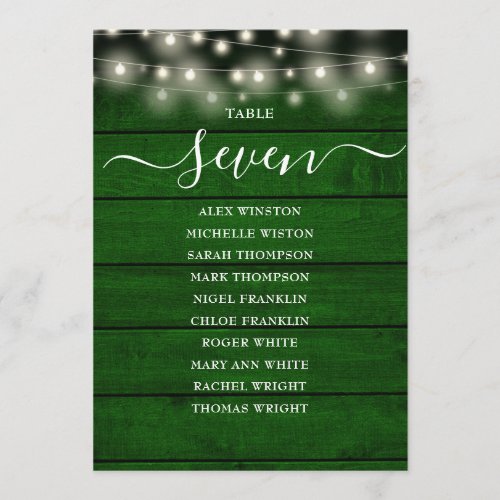 Green Rustic Lights Table Number Seating Chart
