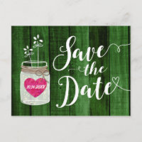 Green Rustic Mason Jar Heart Wedding Save the Date Announcement Postcard