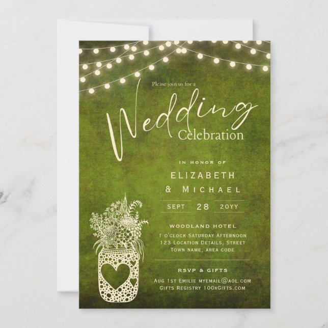 Green Rustic Mason Jar Wedding DIGITAL Print Invitation (Front)