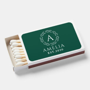 Green Rustic Monogram Wedding Favor, Personalized Matchboxes