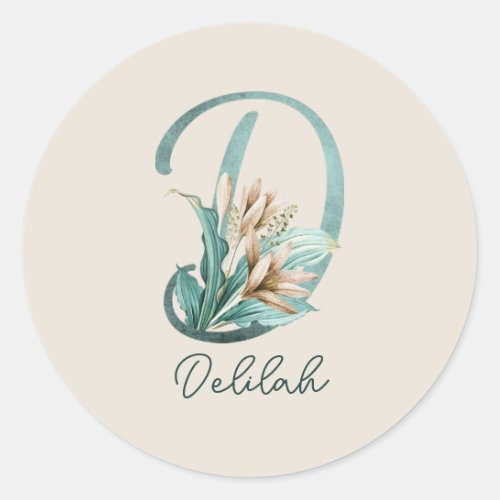 Green Rustic Off_White Lilies Letter D Monogram Classic Round Sticker