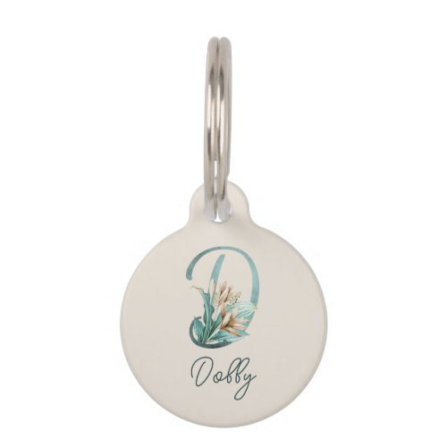 Green Rustic Off_White Lilies Letter D Monogram Pet ID Tag