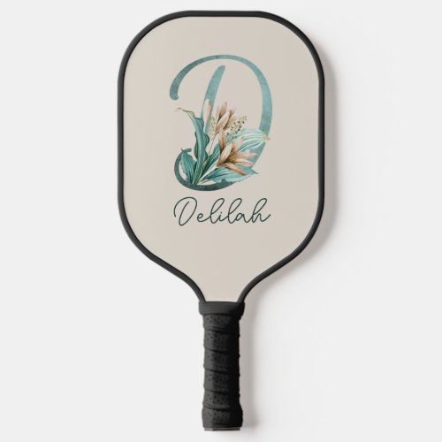 Green Rustic Off_White Lilies Letter D Monogram Pickleball Paddle