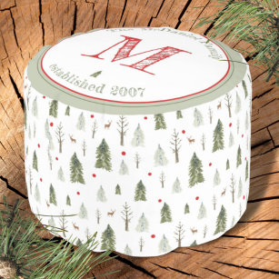 Green Rustic Pine Trees Watercolor Round Pouf