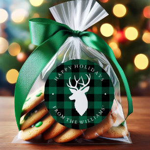 Green Rustic Plaid Pattern and Deer Classic Round Sticker