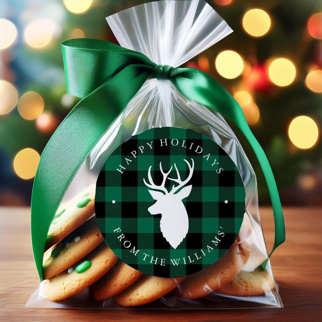 Green Rustic Plaid Pattern and Deer Classic Round Sticker (Creator Uploaded)
