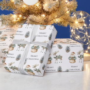 Green Rustic Santa Christmas Pinecone Deer Wrapping Paper