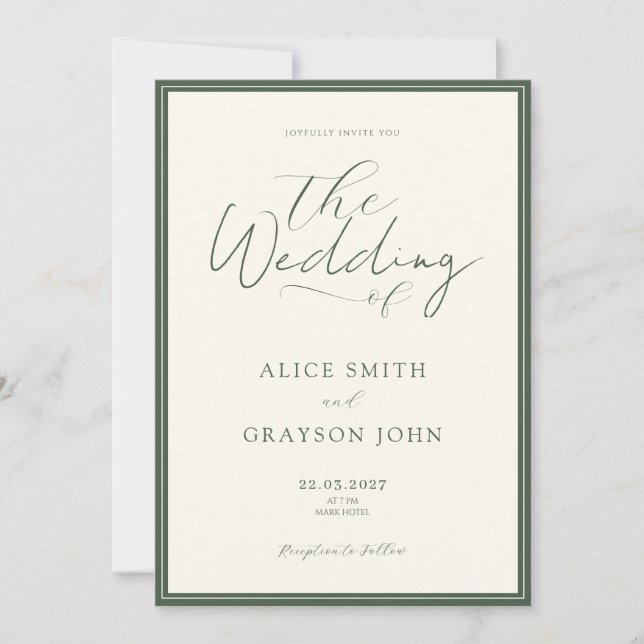 Green Rustic Script Classic Minimalist Wedding Invitation (Front)