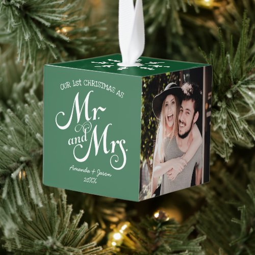 Green rustic script first chrismas mr  mrs couple cube ornament