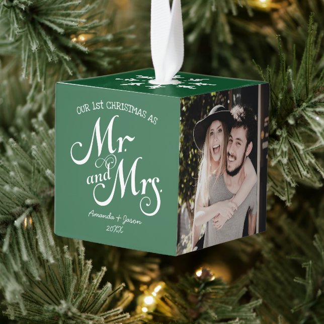 Green rustic script first chrismas mr & mrs couple cube ornament (Tree)