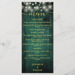 Green Rustic String Lights Barn Wood Wedding Menu