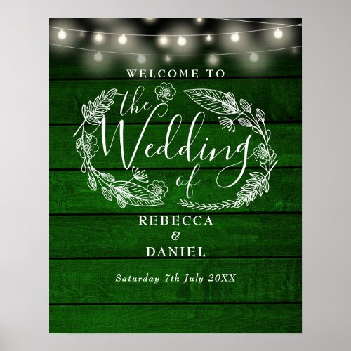 Green Rustic String Lights Wedding Welcome Sign