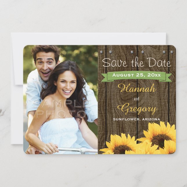 GREEN RUSTIC SUNFLOWER SAVE THE DATE CARD (Front)