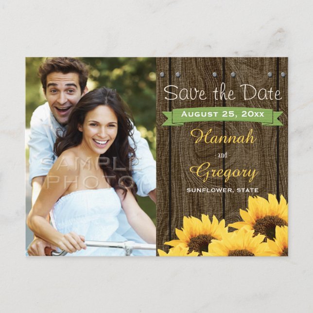 GREEN RUSTIC SUNFLOWER SAVE THE DATE POSTCARD (Front)