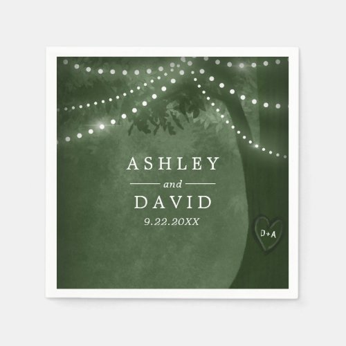 Wedding Tableware 7 Green Rustic Tree Initials String Lights Wedding Napkins
