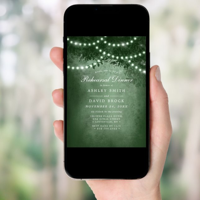 Green Rustic Tree String Lights Rehearsal Dinner Invitation (Front Digital)