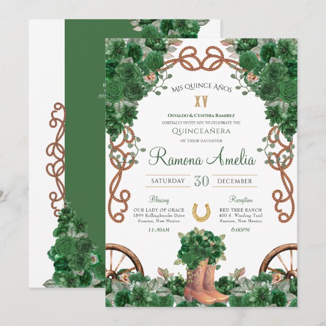 Green Rustic Western Charro Cowboy Boots Quince  Invitation (Front/Back)