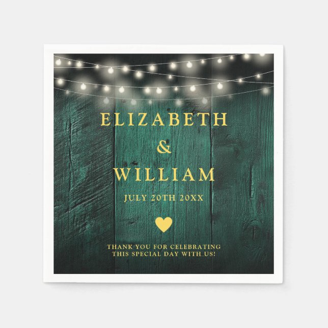 Green Rustic Wood Boho Barn String Lights Wedding Napkins (Front)