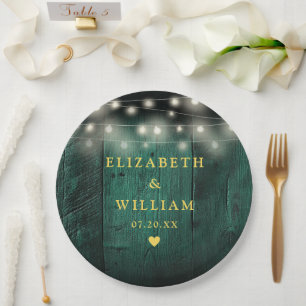 Green Rustic Wood Boho Barn String Lights Wedding Paper Plates