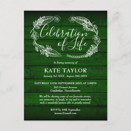 Green Rustic Wood Celebration of Life Funeral Announcement Postcard