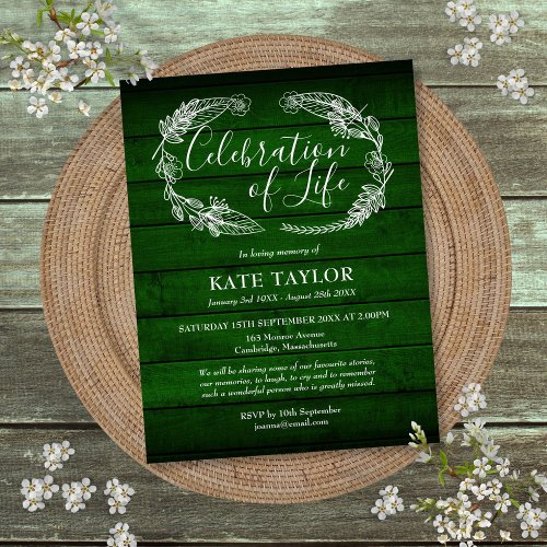 Green Rustic Wood Celebration of Life Funeral Announcement Postcard