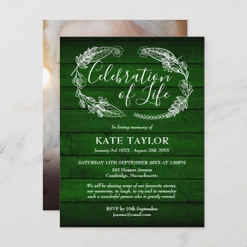 Green Rustic Wood Celebration of Life Photo Announcement Postcard