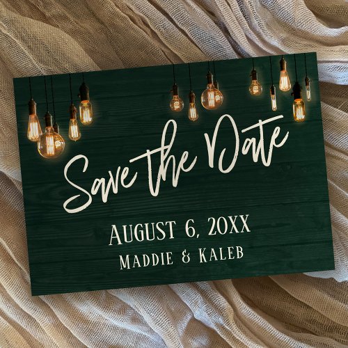 Green Rustic Wood Edison Lights Save the Date