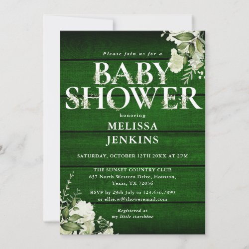 Green Rustic Wood Floral Letter Baby Shower Invitation