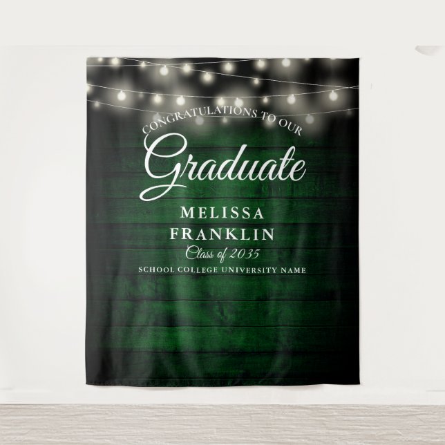 Green Rustic Wood String Lights Graduate Backdrop (Front)