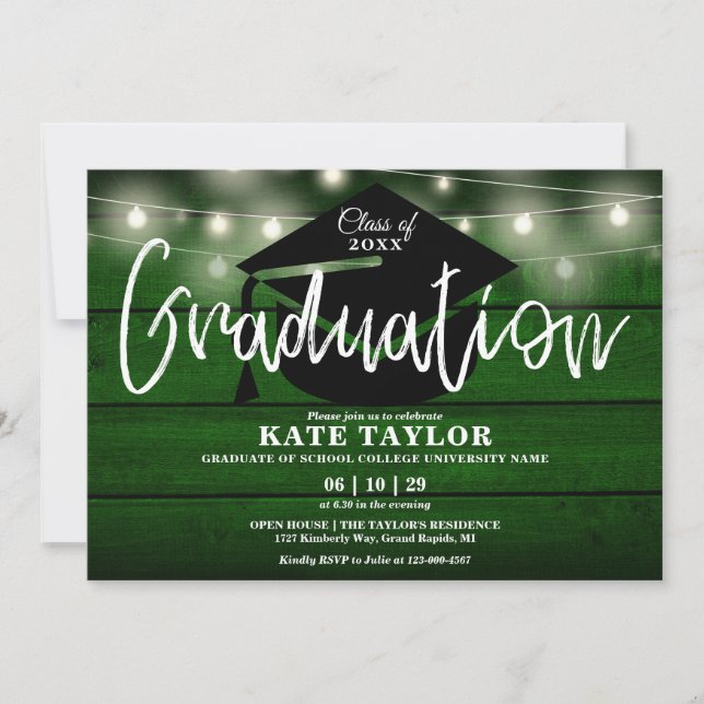 Green Rustic Wood String Lights Graduation Party Invitation (Front)