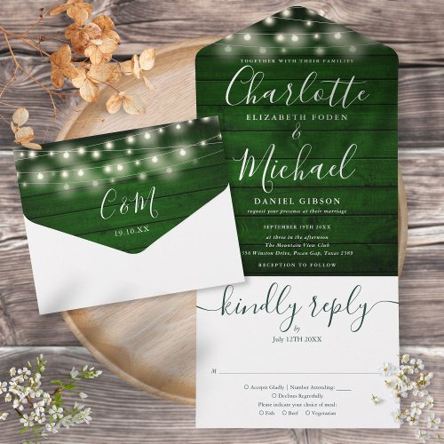 Green Rustic Wood String Lights Monogram Wedding All In One Invitation