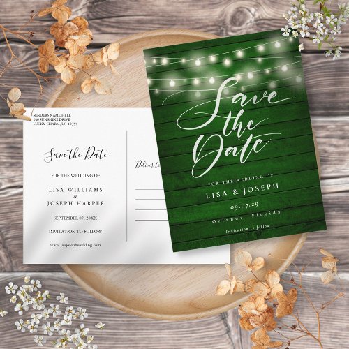 Green Rustic Wood String Lights Save the Date Postcard
