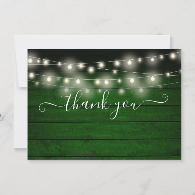 Green Rustic Wood String Lights Script Thank You Card (Front)