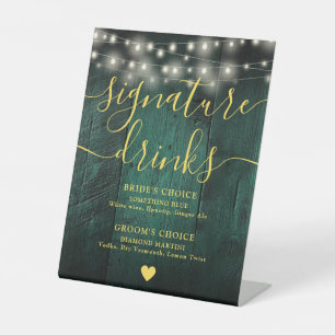 Green Rustic Wood String Lights Signature Drinks Pedestal Sign